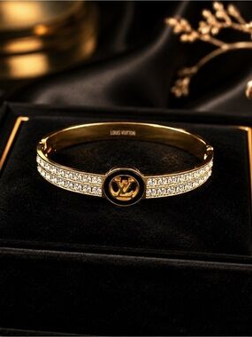 Gold Crystal Double-Row LV Logo Hinged Bangle Bracelet